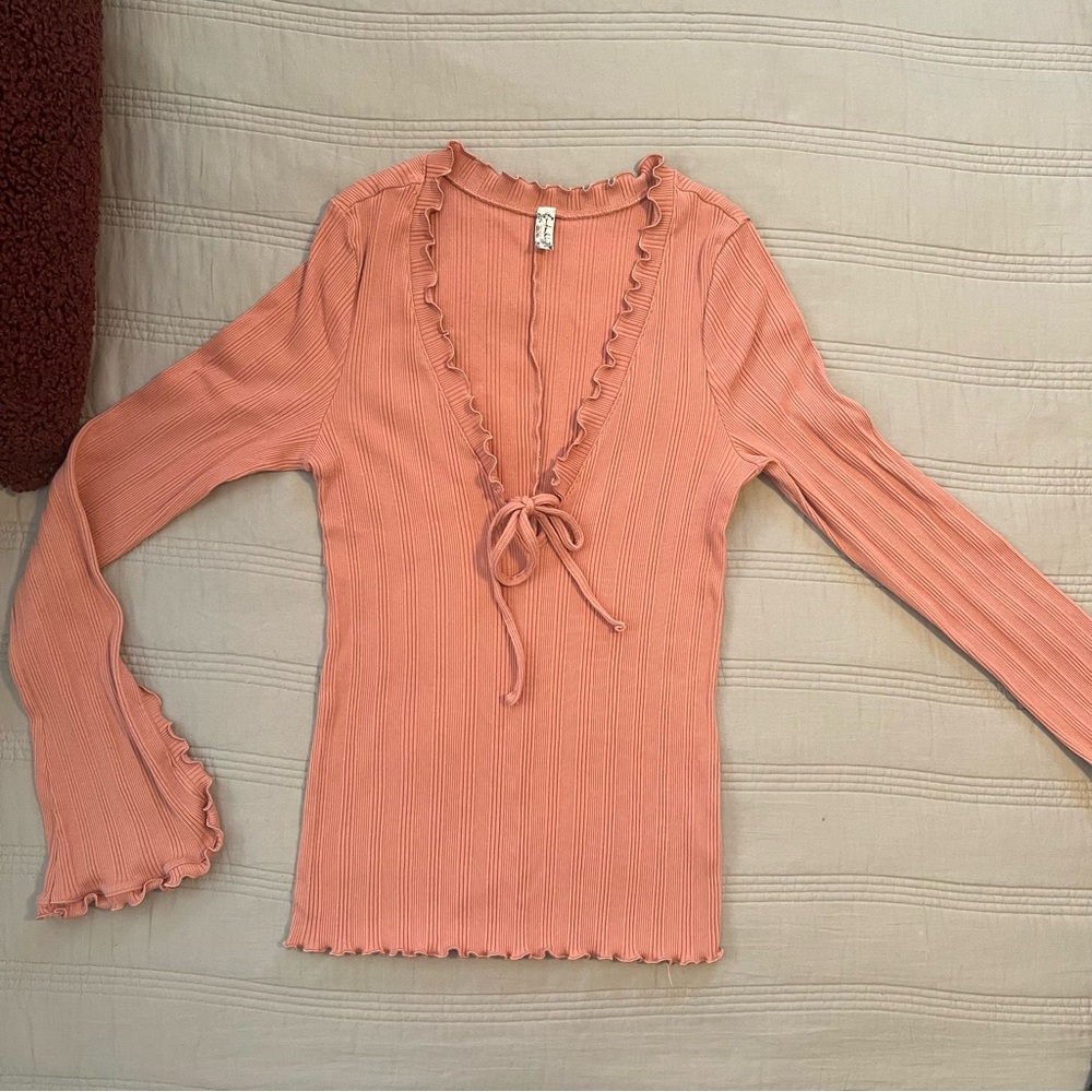 Intimately Free People Fall For You Ruffled Tie Front Ribbed Blouse Coral - Picture 6 of 9